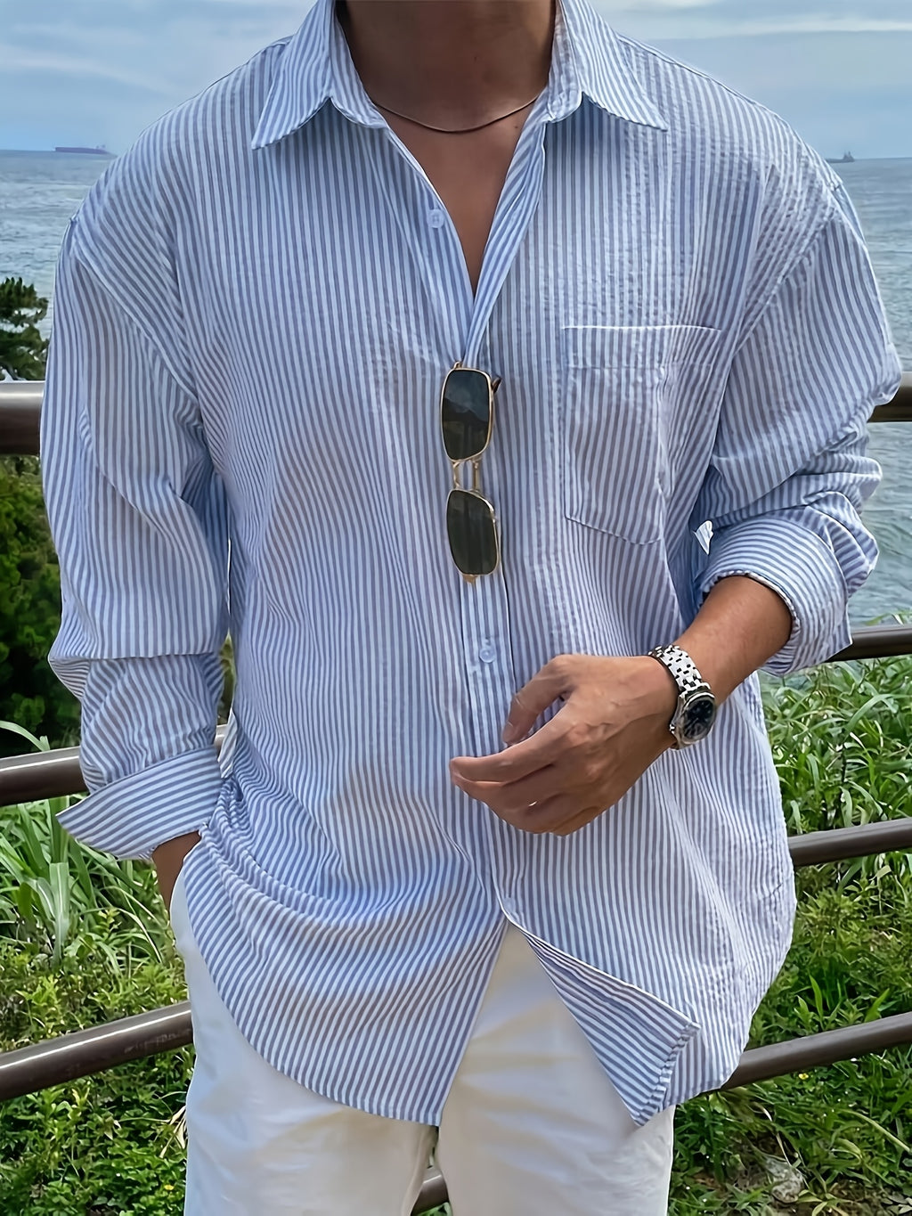 Men's Blue Striped Long-sleeve Shirt, Spring/autumn Style - Blue