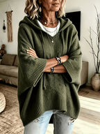 Women's Casual Hooded Drawstring Top Loose Off-Shoulder Wide 3/4 Sleeve Soft Sweatshirt Oversized Body-Covering Batwing Sleeve Pullover Ribbed Hem Solid Color Slouchy Hoodie - Olive Green