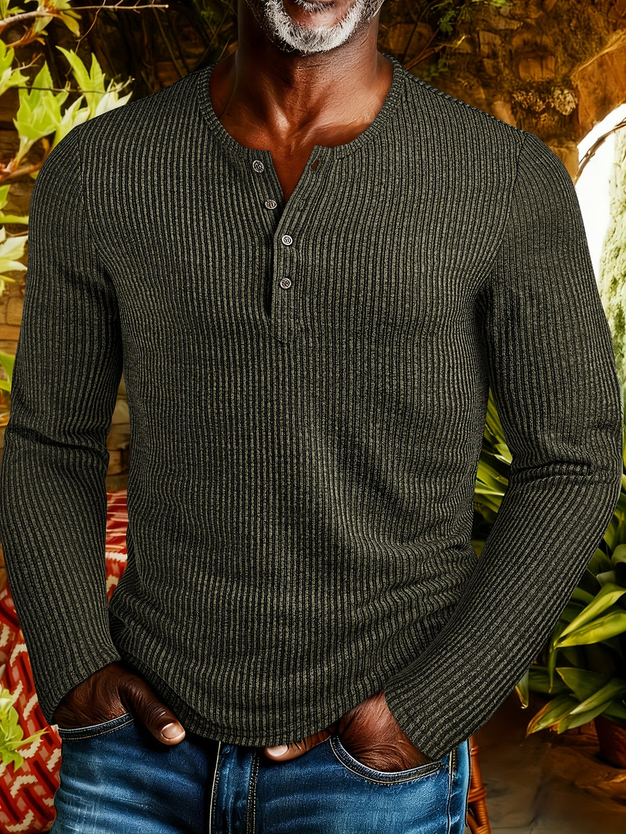 Men's Fashion Top, Autumn/Winter Casual Textured Ribbed Fabric Crew Neck Single-Breasted Long Sleeve Men's Henley Shirt - fern green
