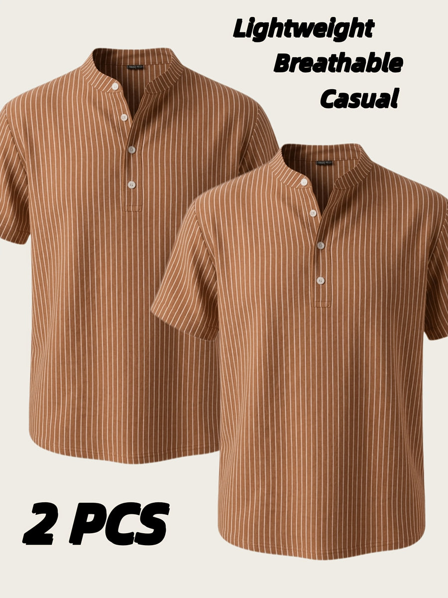 Josh Rose OBM 2pcs Men's Henley Shirts, Men's Summer Short Sleeve Regular Fit, Lightweight and Breathable, 95% Linen, Solid and Striped in Black and White, Features 4 Buttons, Suitable for Summer Daily Work, Casual, and Vacation Occasions - Brown + Brown