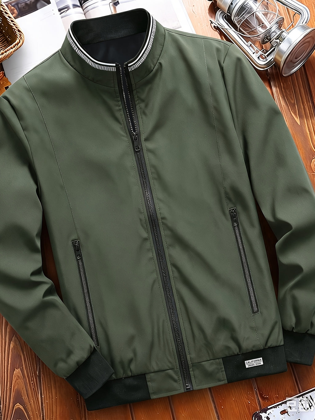 Spring/Autumn Men's Solid Color Stand Collar Jacket, Simple and Versatile Baseball Jacket for Middle-Aged and Young Men, Daily Commuting and Casual Outerwear - Military Green