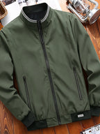 Spring/Autumn Men's Solid Color Stand Collar Jacket, Simple and Versatile Baseball Jacket for Middle-Aged and Young Men, Daily Commuting and Casual Outerwear - Military Green