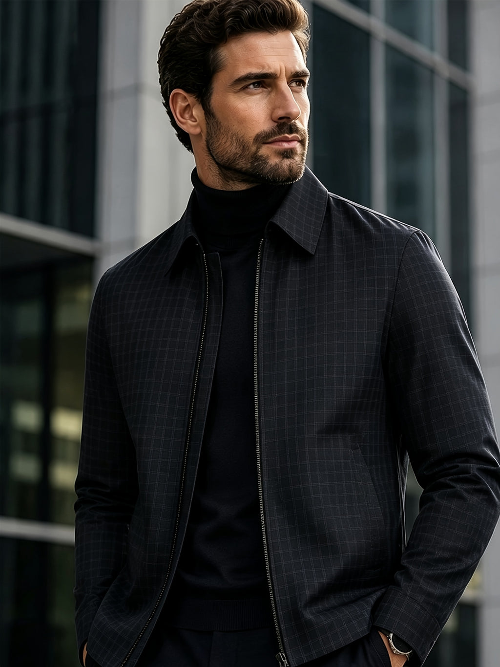 Men'S Lightweight Casual Lapel Full-Zip Jacket, Striped Checkered Soft Comfortable, Suitable for Daily, Outdoor, Travel And Business Casual Occasions - Black