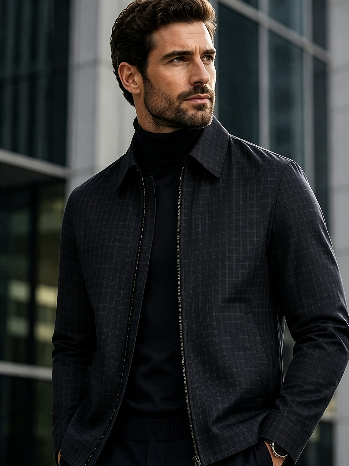 Men'S Lightweight Casual Lapel Full-Zip Jacket, Striped Checkered Soft Comfortable, Suitable for Daily, Outdoor, Travel And Business Casual Occasions - Black