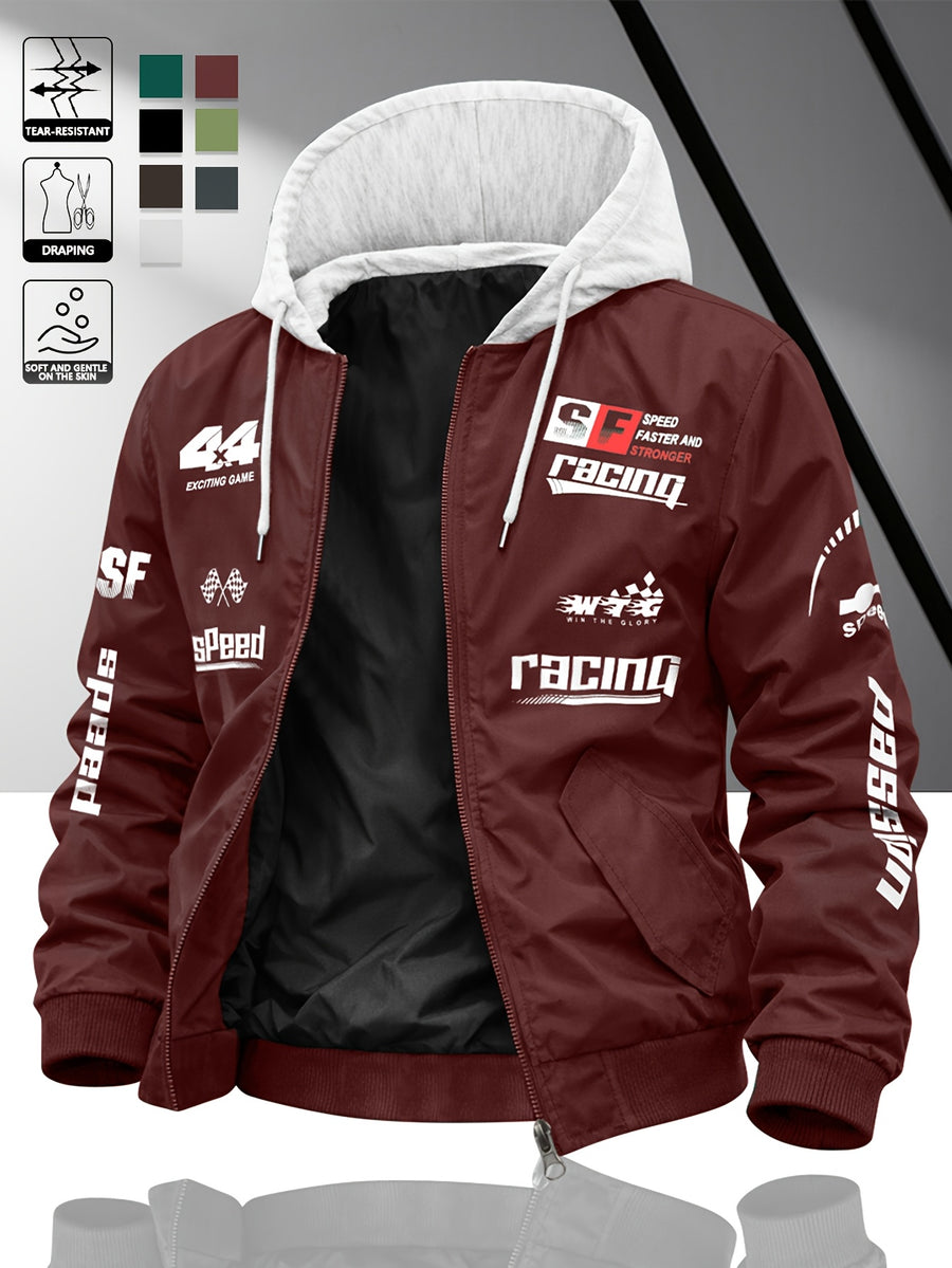 Fashion Casual Men'S Contrast Color Hooded Cardigan Long Sleeve Jacket, Letter Print, Comfortable And Versatile, Suitable for Autumn Winter JK5682, Sporty, Breathable, Regular Fit, Daily - Burgundy