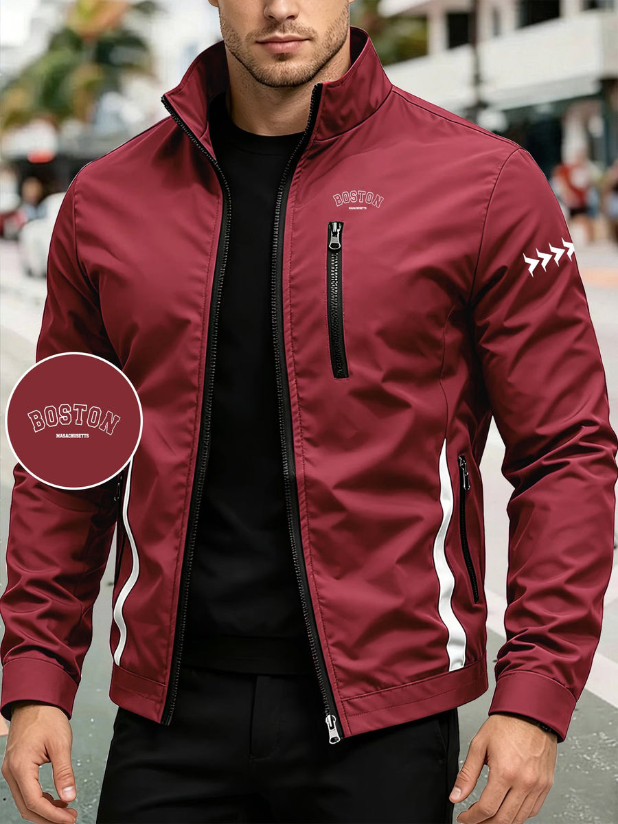 Men'S Spring Autumn Stand-Collar Casual Jacket, Zipper-Style Lightweight Coat, Side Contrast Stand-Collar Sporty Commuter Top - Burgundy