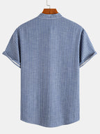 Men's Spring/Summer Button- Shirt Striped Stand Collar with Chest Pocket Contrast-Striped Casual Versatile Shirt Half-Open Collar Shirt - Navy Color