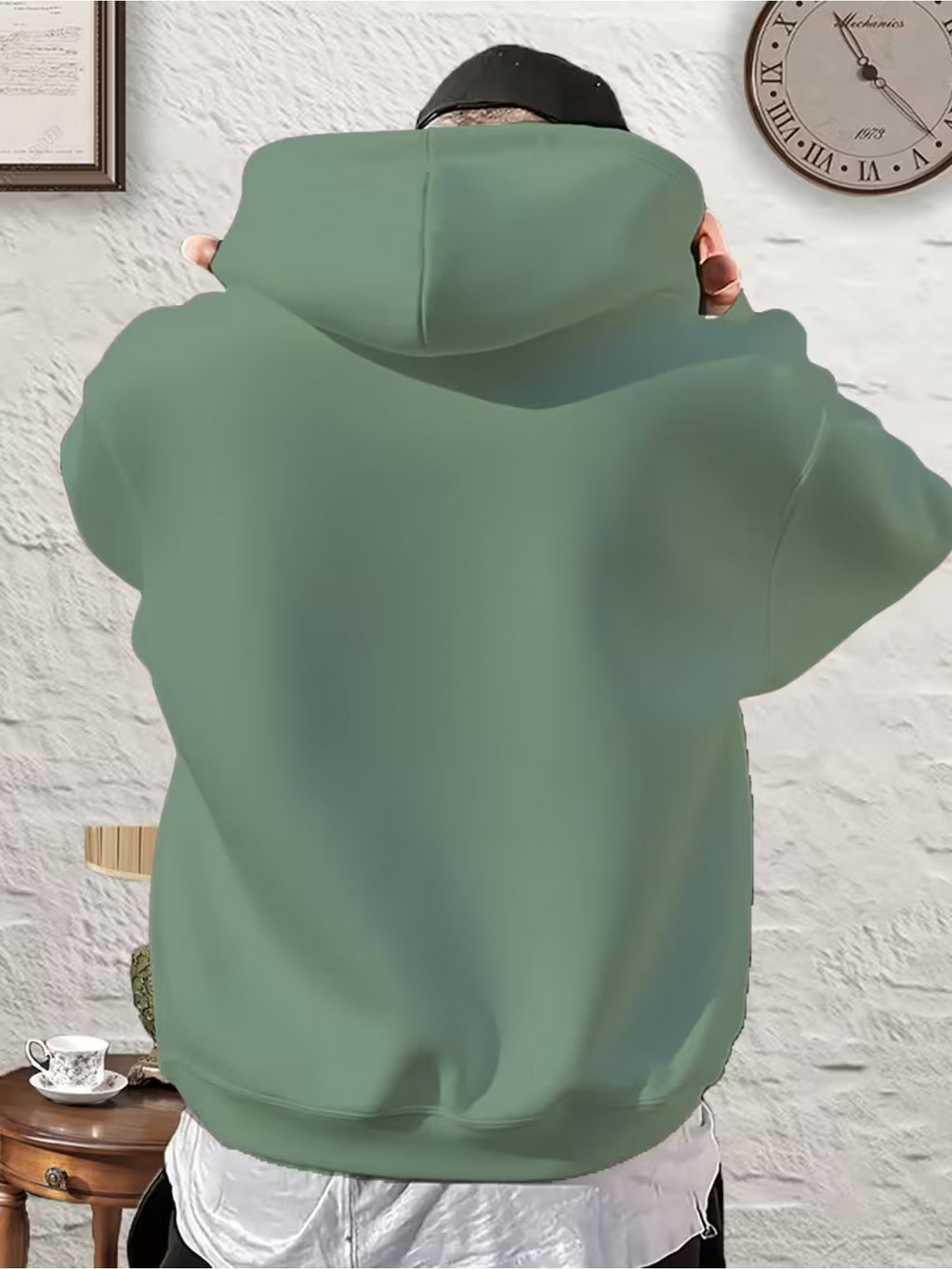 Men's 250g Thickened Trendy Hooded Sweatshirt, Geometric Print Design - Casual Daily Wear, Comfortable and Breathable, Drawstring Hood, Kangaroo Pocket, Geometric Pattern, Regular Fit Casual Top for Spring/Autumn - Pea Green Color