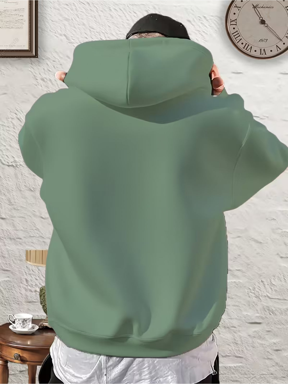 Men's 250g Thickened Trendy Hooded Sweatshirt, Geometric Print Design - Casual Daily Wear, Comfortable and Breathable, Drawstring Hood, Kangaroo Pocket, Geometric Pattern, Regular Fit Casual Top for Spring/Autumn - Pea Green Color