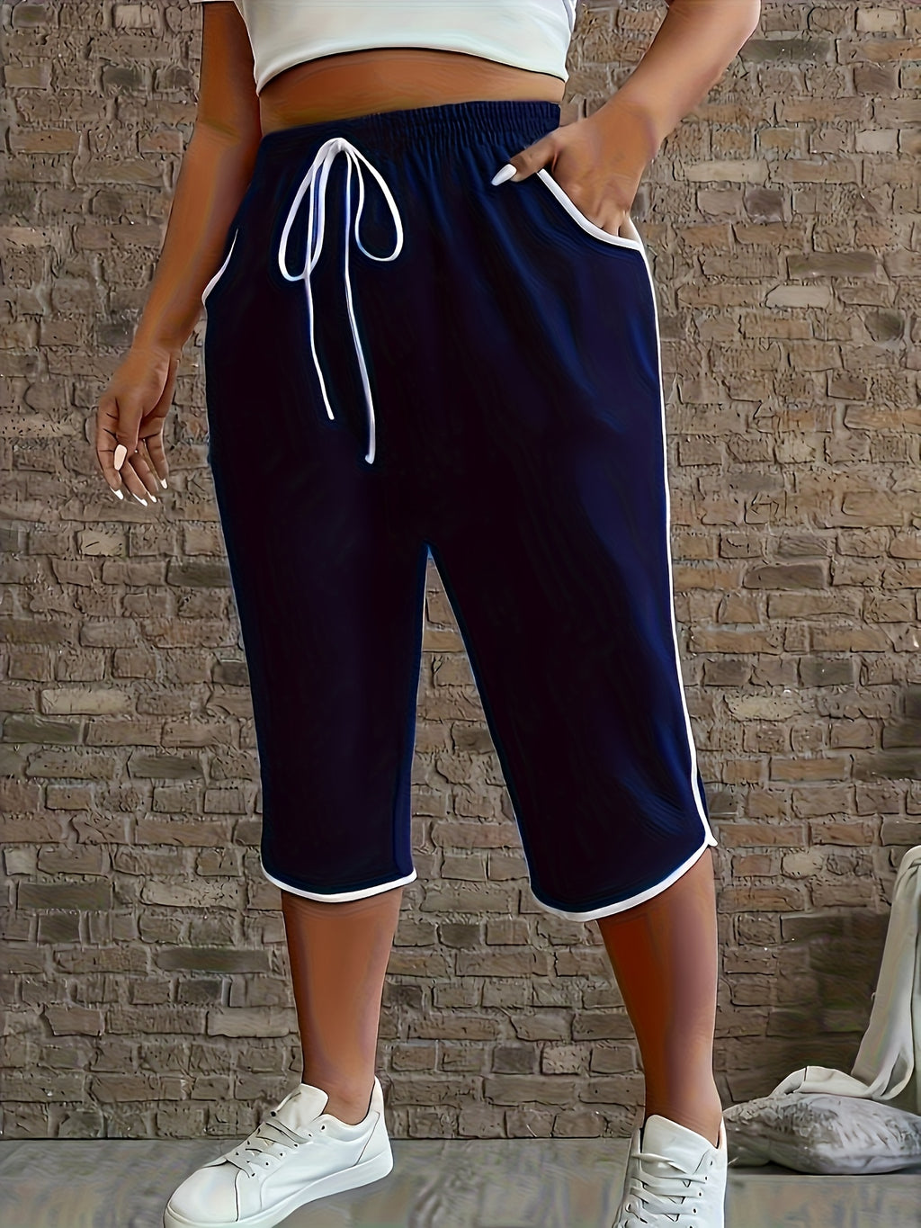 New Spring And Summer Solid Color Casual Comfortable Mid-Length Sweatpants For, Fitness, And with Pockets - Navy Color
