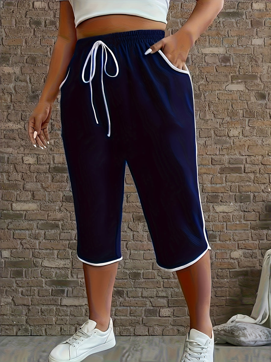 New Spring And Summer Solid Color Casual Comfortable Mid-Length Sweatpants For, Fitness, And with Pockets - Navy Color