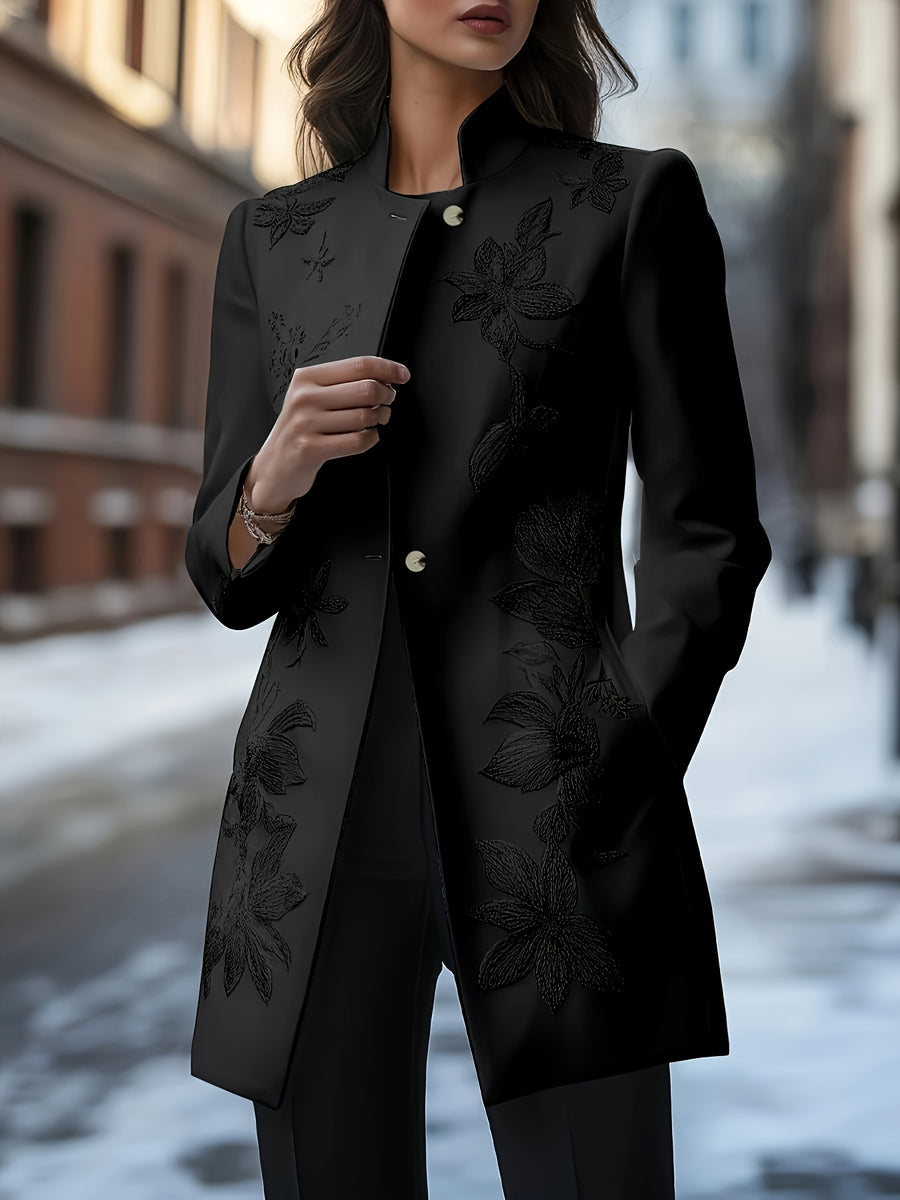 Women's Classic Floral Embroidered Jacket - Soft White H-Line Single-Breasted Coat, Machine Washable, Versatile for All Seasons, Casual and Business Wear, Stylish Layering Design, High-Quality Stitching, Exquisite Embroidered Overcoat, Office Attire - Black
