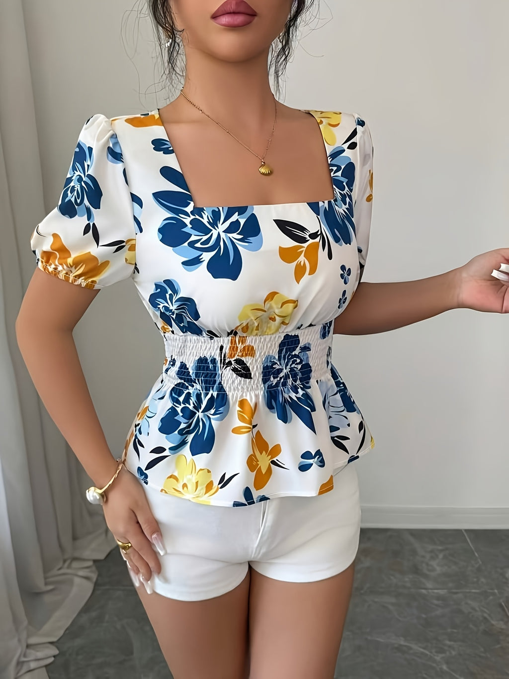 Women'S Elegant Summer Blue Yellow Floral Digital Print Square Neck Short Sleeve Fitted Blouse - Mixed colors