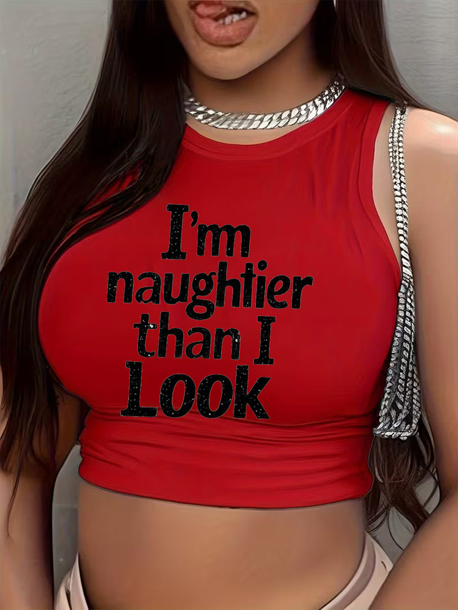 I Am More Naughty Than I Look" Letter Print Women's Beautiful and Sexy Round Neck Sleeveless Tank Top, Y2K Hot Style, Slightly Stretchy, Comfortable, Suitable for Spring and Summer, Pretty Top, Essential for Home, Outings, and Parties - Red