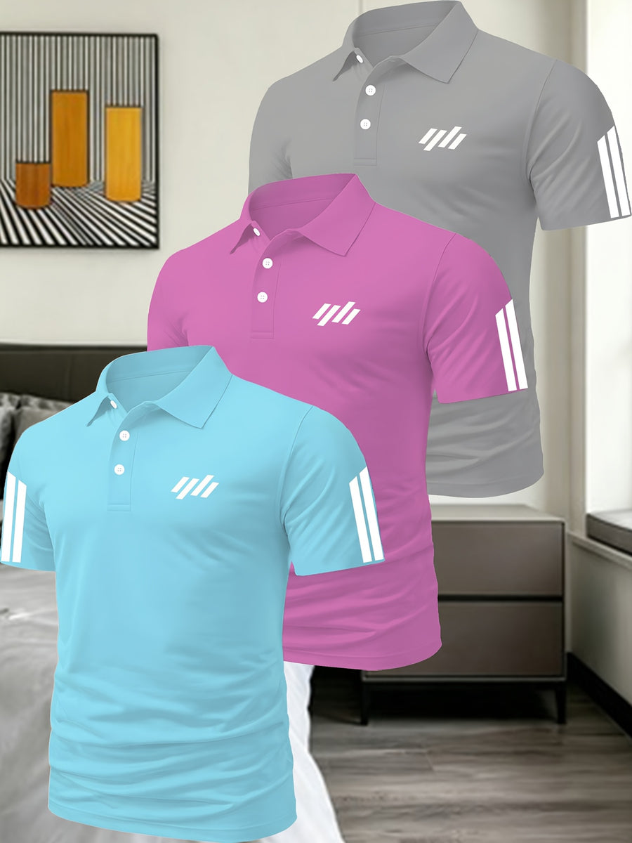 Men'S Exquisite Solid Color Polo Shirt 3pcs Set Multi-Pc Golf Casual Top - Sky Blue Pink Gray