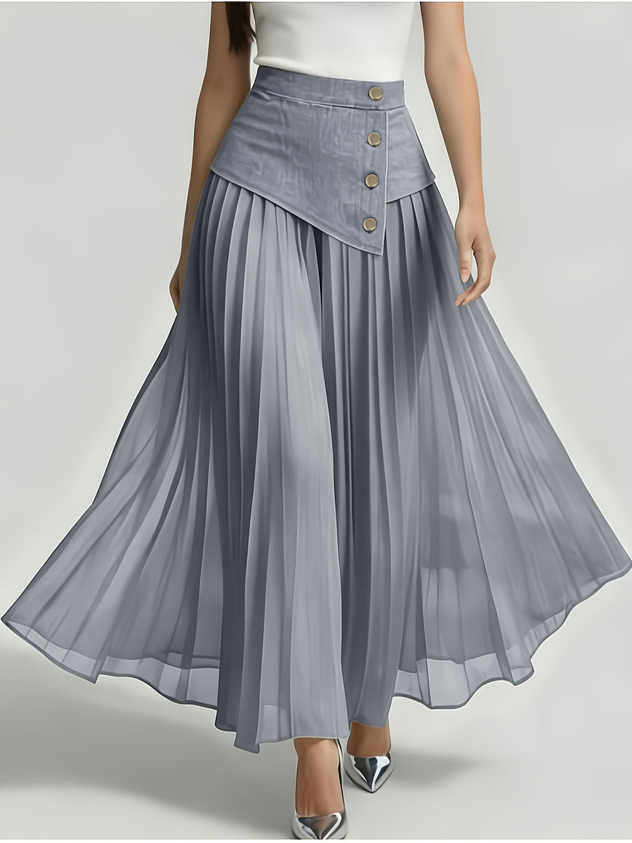[Printed Skirt - Not Faux Denim Fabric]Temperament Commuter Imitation Faux Denim Patchwork Half Skirt, High-Waist Mesh Pleated Flared Long Dress Spring Summer Versatile Style Kydx - Slate Grey