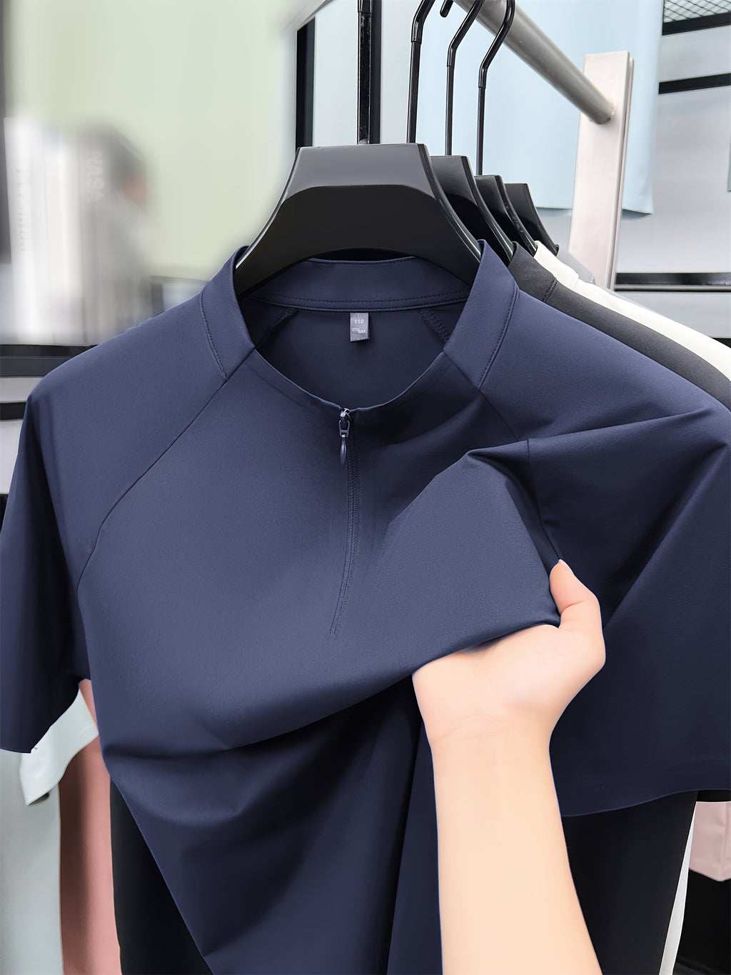 New Summer Men's Short-Sleeve Henley Shirt, Half-Zip Stand Collar Raglan Solid Color Top, Versatile Multi-Color Men's Apparel for Business Commuting, Outdoor, Fitness, Golf, Men's Gift - Navy Color