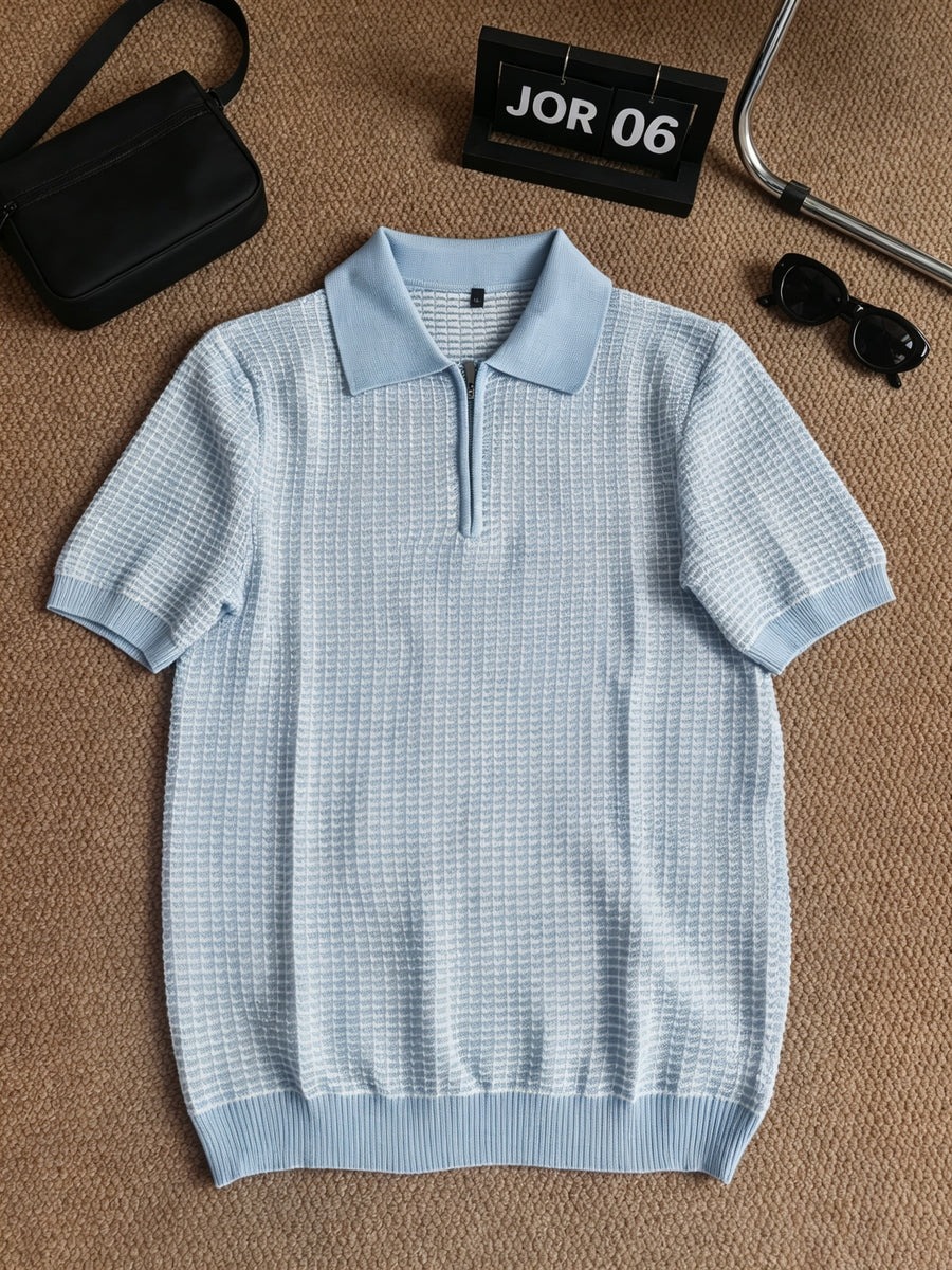 Men's Polo Collar Short Sleeve Waffle Knit Top, Solid Color Lightweight Breathable Casual Pullover - Light Blue