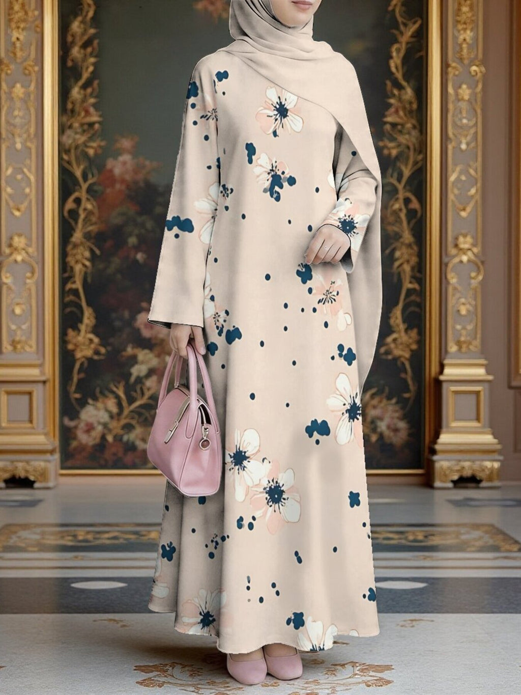 Women'S Middle Eastern Style Muslim Elegant Robe Dress, Suitable for Malaysian Dress, Arabic Ink Floral Long Robe, Loose Flared Long Sleeve, for Prayer, Visiting, Outings, And Gatherings, Lightweight And Flowing Non-Embroidered Craft - Mixed colors