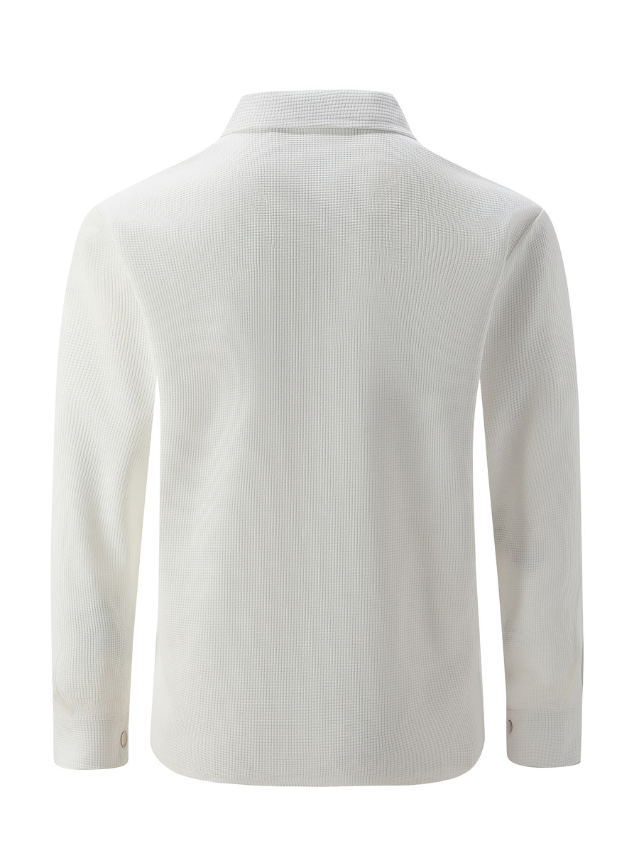 Mens Textured Waffle Shacket Collar Button Front Multi Pocket Long Sleeve Outerwear Top - White