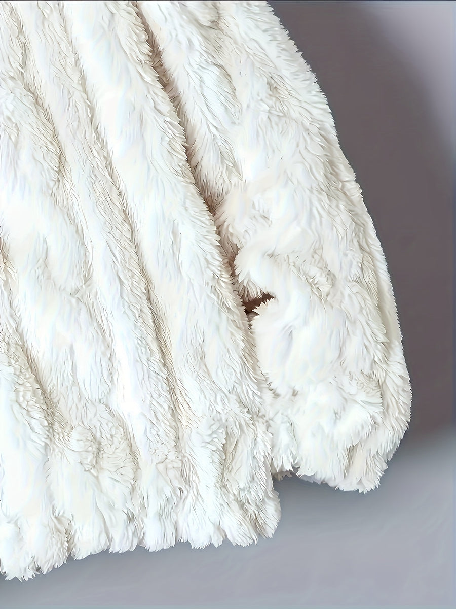 Plus Size - Autumn Winter Warm Thick Fleece Hooded Sweatshirt, Loose Casual Jacket, Coral Fleece Material, Plus Size Women'S Jacket/Winter Coat, Plus Size Women'S Outerwear, Elegant Women'S Shawl - White
