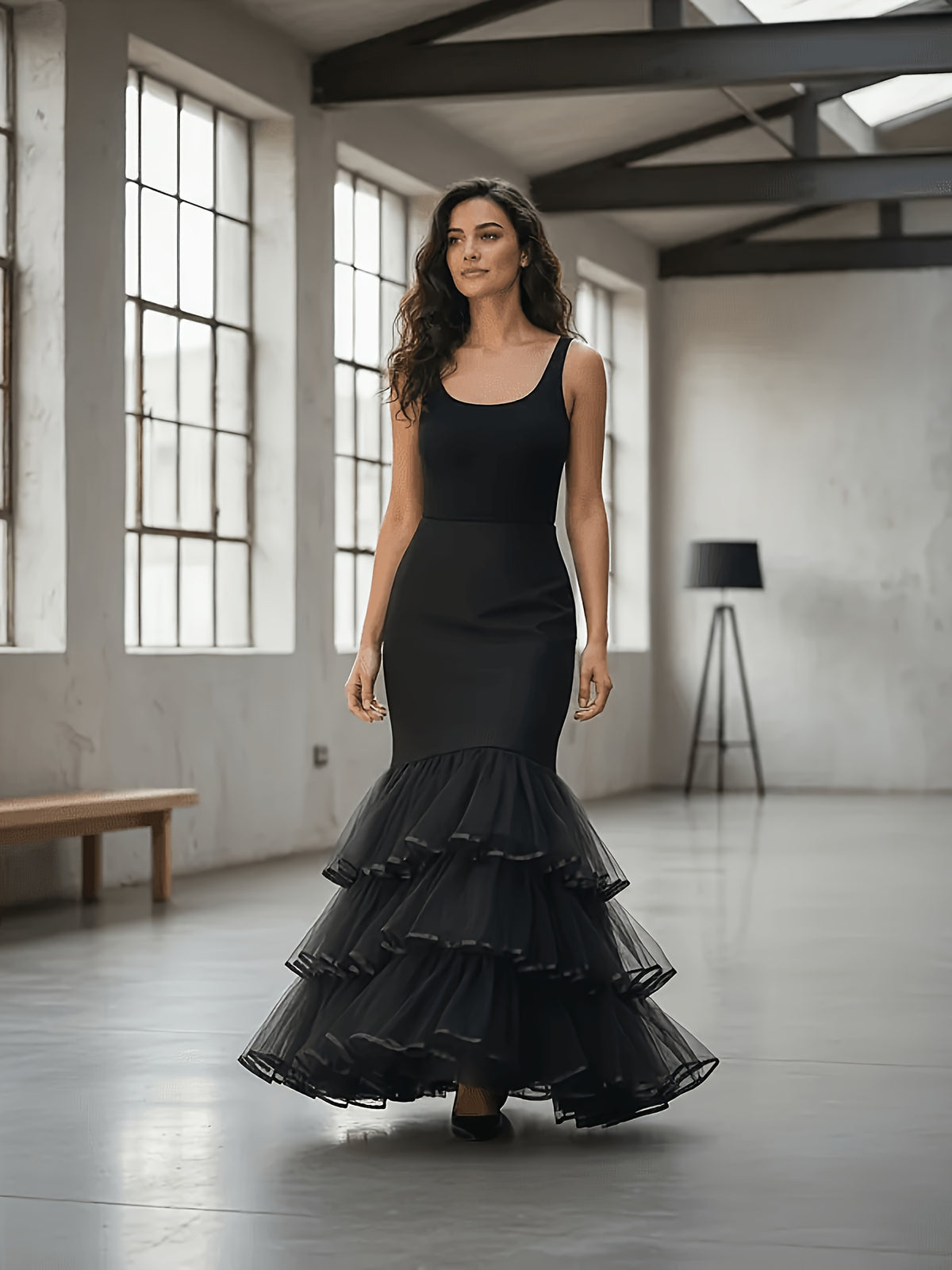 1pc Women'S Black And White Mermaid Dress with Waist Cincher, Three Layers of Tulle Ruffled Lace And 1pc Crinoline Hoop, Elegant Bridal Slip, Inner Wear for Princess Ball Gowns And Cheongsams, Women'S Autumn Apparel for Vacations And Trips - Black