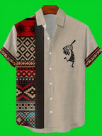 [Printed Design - Not Textured] 2026 Men's Fashion Shirt, Khaki Color, Stylish Casual Ethnic Tribal Totem and Music Note Symbol Pattern Print, Party and Outdoor Wear Top Shirt, Collared Short-Sleeve Casual Shirt - Mixed colors