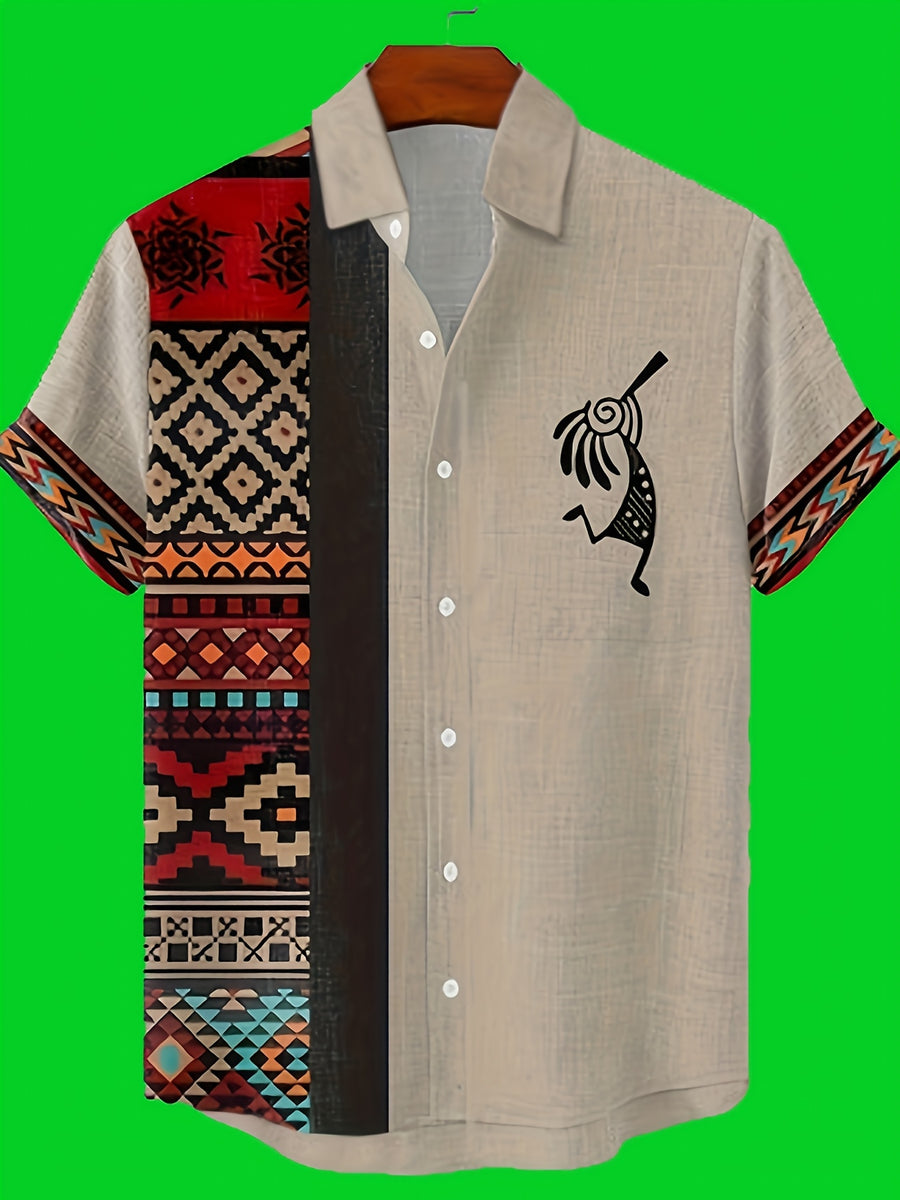 [Printed Design - Not Textured] 2026 Men's Fashion Shirt, Khaki Color, Stylish Casual Ethnic Tribal Totem and Music Note Symbol Pattern Print, Party and Outdoor Wear Top Shirt, Collared Short-Sleeve Casual Shirt - Mixed colors