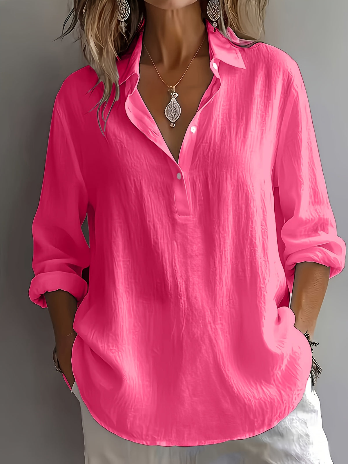 Multi-Color Available Taxi Direction New Stunning Elegant Style Solid Color POIO Collar Long Sleeve Spring Autumn All-Season Versatile Shirt - Rose Red
