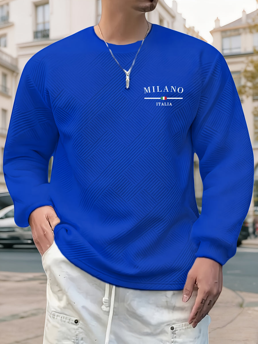 Men'S Spring Autumn Casual Long Sleeve Sweatshirt Daily All-Match Heavy Jacquard Round Neck Sweatshirt, Regular Fit, Outdoor, Crew Neck, Geometric Print - Blue