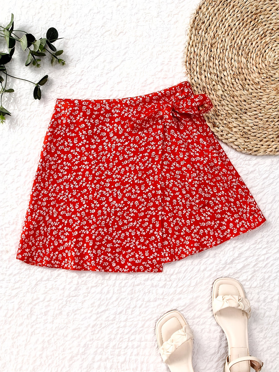 Floral Print Wrap Tie Midi Skirt - Red