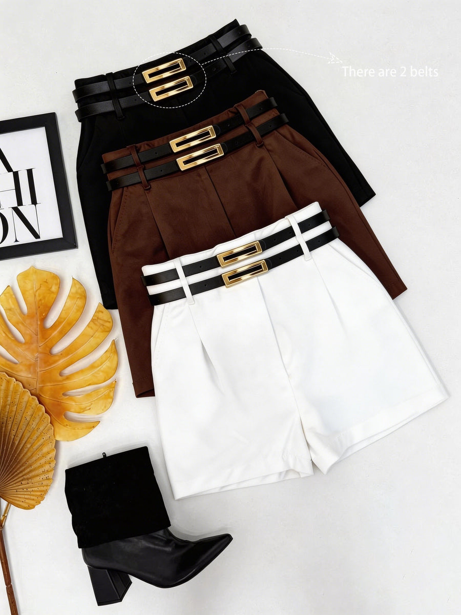 Fashionable and Elegant High-waist Suit Shorts 3pcs Set, Commuting-style and Versatile Casual Shorts Multi-piece Set, Includes Only 2 Belts - Black+white+brown