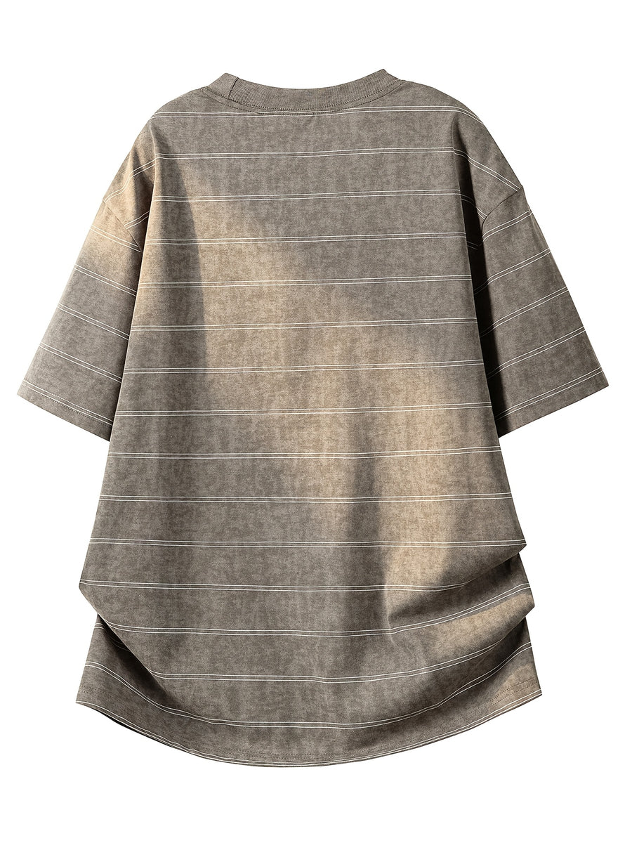 Summer Men'S Striped Short Sleeve Shirt, Casual Retro Style Daily Top - Khaki Brown