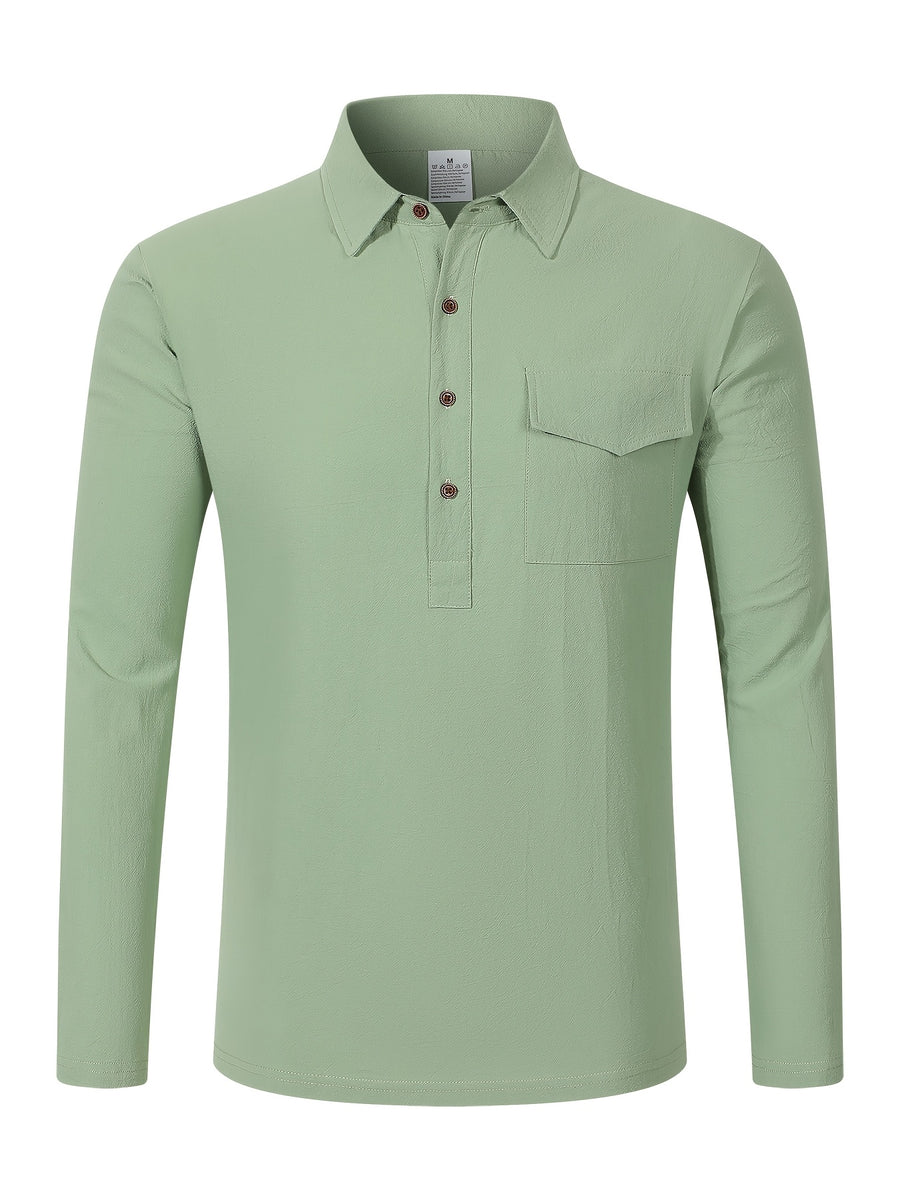 Men'S Pullover Long Sleeve Shirt 2pcs Set, Placket Half-Button Design Linen Shirt, All-Season Casual Commute Vacation Men'S Wear - Green + Sky Blue