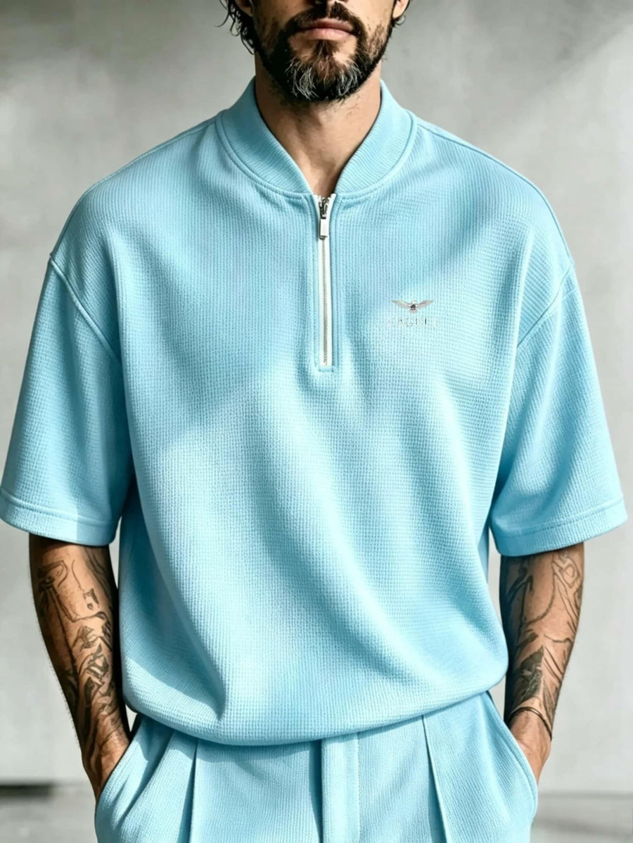 Men'S Baseball Collar Henley Neck Zipper Short Sleeve T Solid White Small Logo Loose Fit Street Style Old Money Aesthetic Casual Outdoor - Sky Blue
