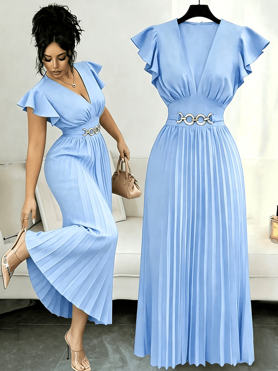 Spring Summer New Elegant Women'S Slim V-Neck Dress with Ruched Craft And Flared Skirt, Ruffled And Flounce Sleeves, Valentine'S Day Party Dress, Commute Fashion Skirt - Sky Blue