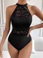 Women'S Geometric Flocked Sheer Mesh Halter Bodysuit High Neck Sleeveless Night Out Slim Body Suit - 0028