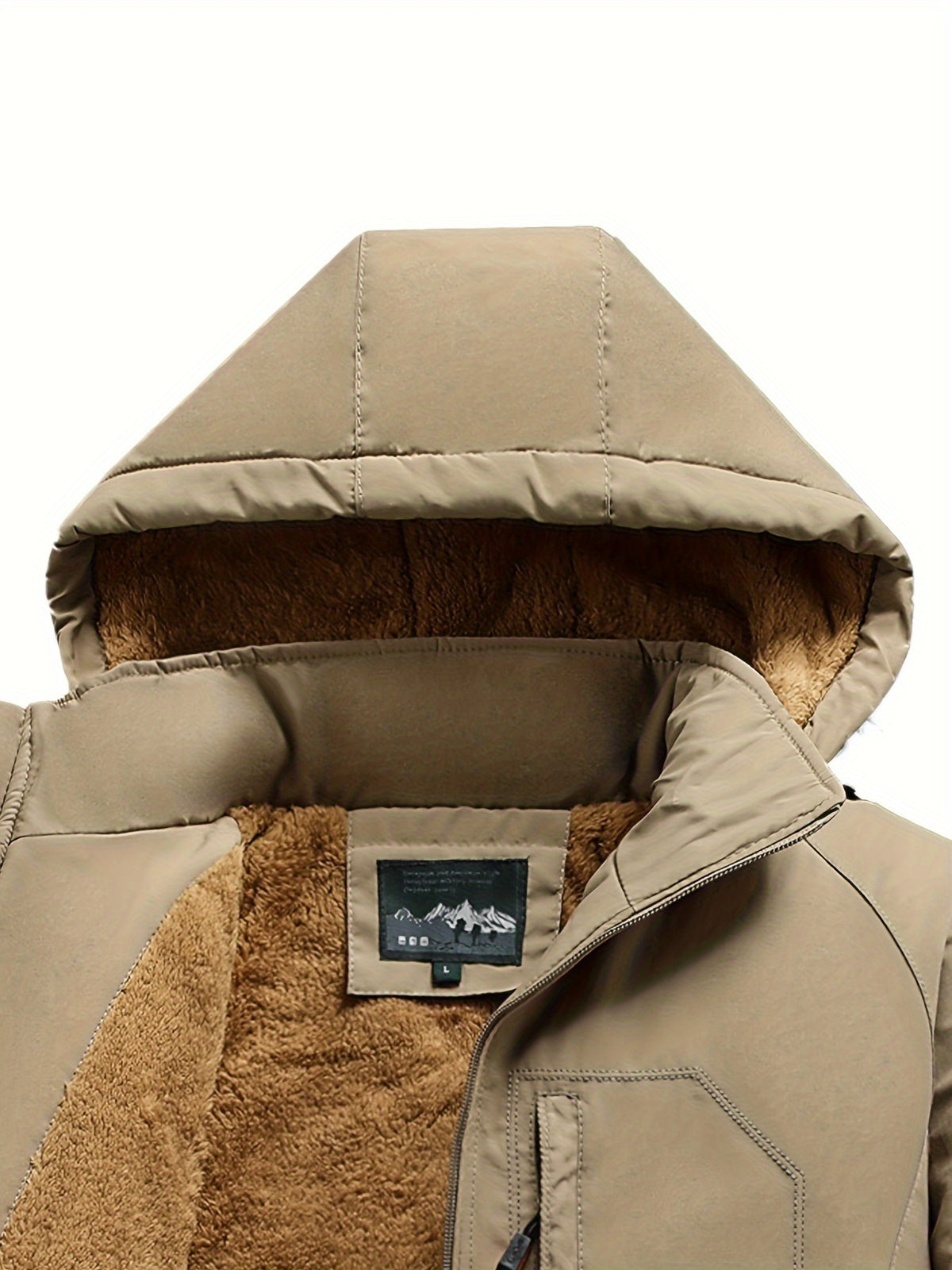 Men'S Fleece-Lined Hooded Winter Jacket, Thermal Warm Windproof Cold-Resistant Coat, Regular Fit Adjustable Hood Outerwear for Snow Skiing, Hiking, Daily Winter Commute with Multi-Zipper Pockets, Adjustable Cuffs & Embroidered Badge Logo - Khaki