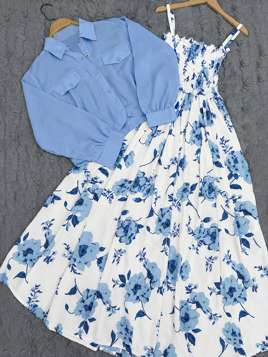 Women's 2pcs Floral Print Dress Set: Light Blue Short Lapel Button-Front Jacket + White and Blue Printed Wrap-Front Bust-Defining Spaghetti Strap Maxi Dress - Sky Blue