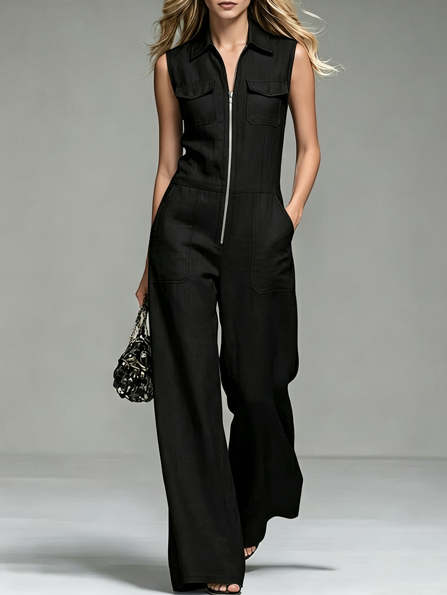 Women'S Fashion Solid Color Commuter Pocket Lapel Leg-Lengthening Sleeveless Slim Wide-Leg Jumpsuit [Additions Not Included] - Black