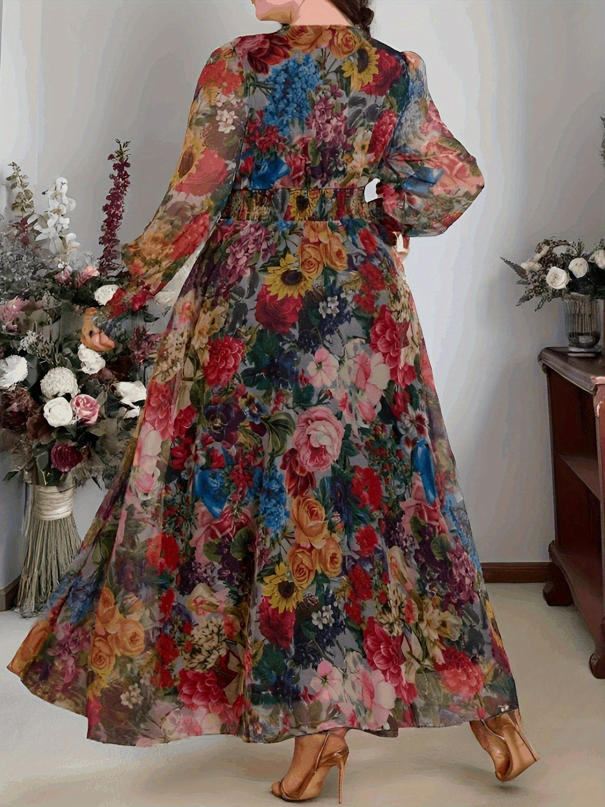 Plus Size - Plus Size - 2025 Spring And Summer New Elegant Floral Printed V-Neck Long Sleeve Lantern Sleeve Loose Long Waist Plus Size Women'S Dress - Multicolor