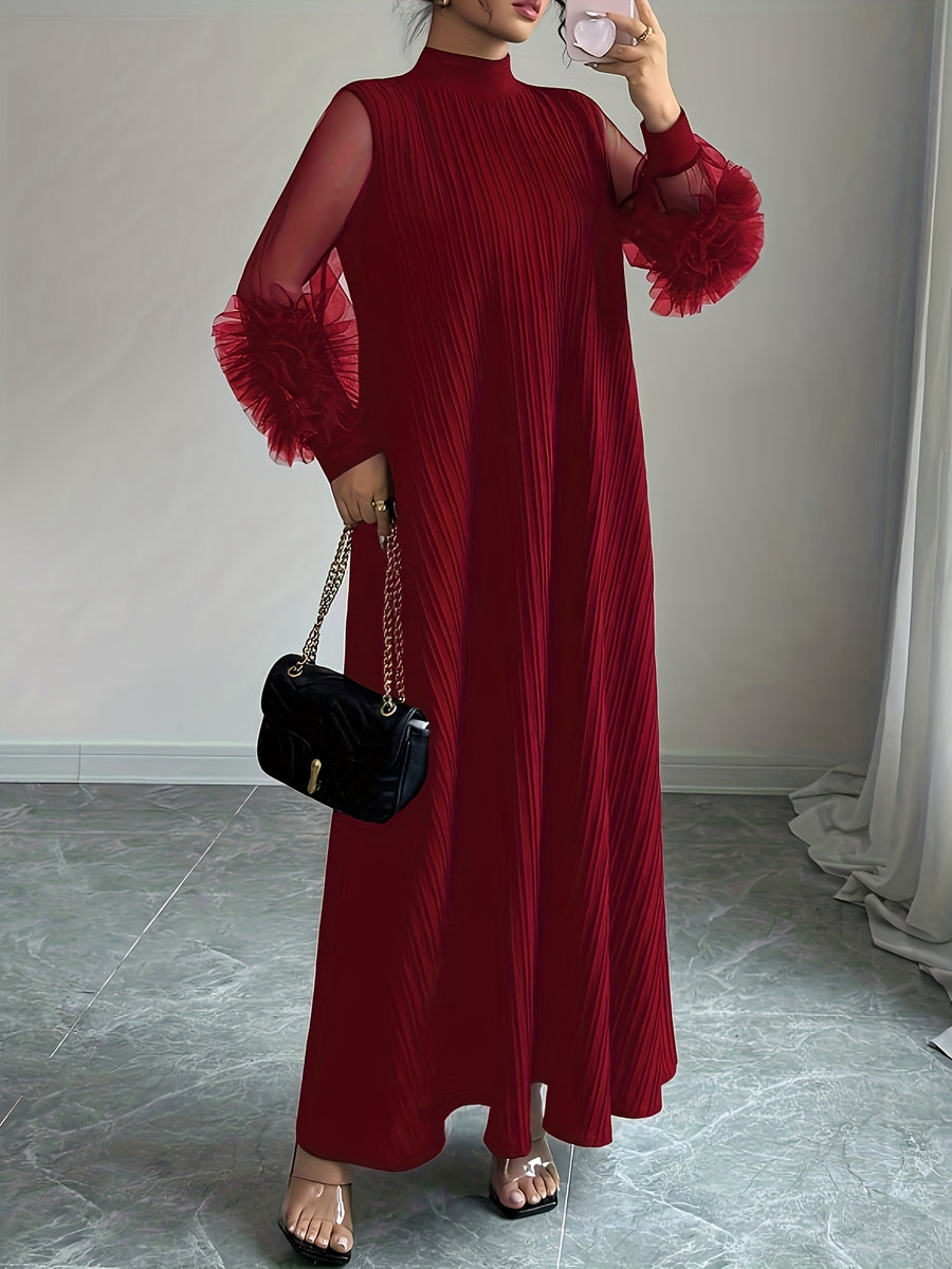 Women'S Stand-Up Collar Lantern Long-Sleeved Textured Fabric Splicing Mesh Hand-Cranked Three-Dimensional Embroidery Loose Comfortable And Elegant Senior Long Dresses - Burgundy