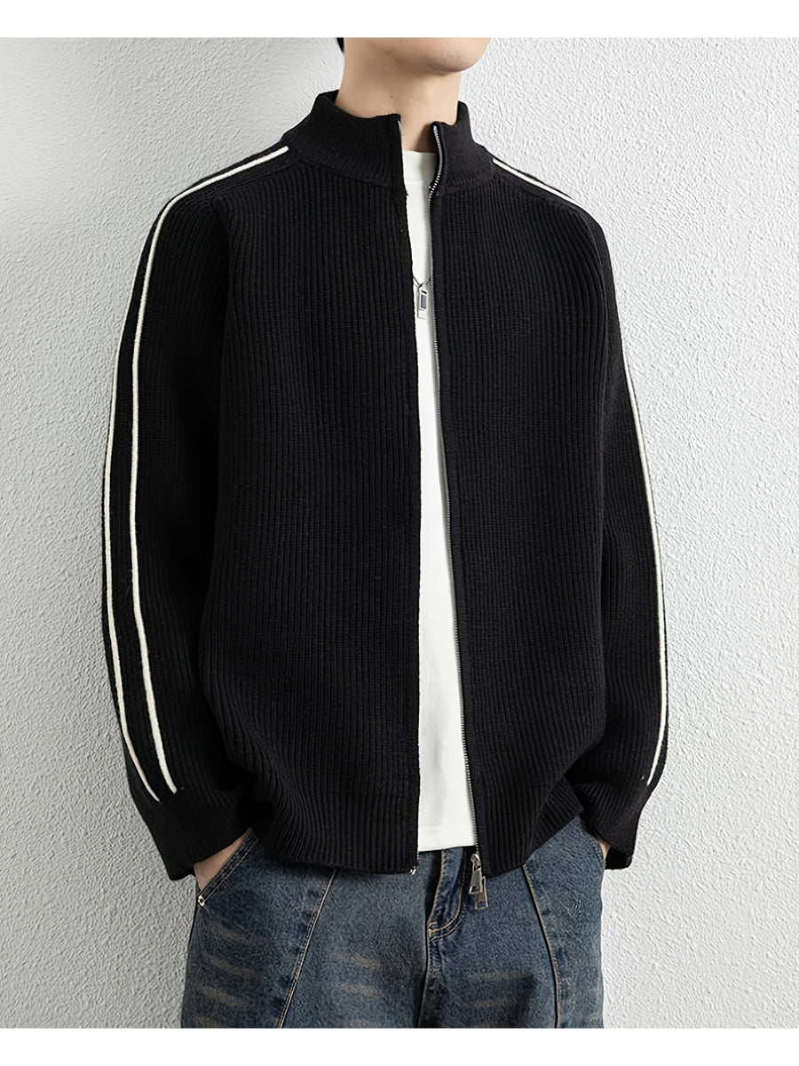 [Wading Whale OBM] Spring/Autumn New Men'S Knit Cardigan, Old Money Style Color-Block Striped Zipper Front Stand Collar Cardigan for Men, Business Casual Fashion Knitwear, Suitable for Spring, Autumn, Winter Layering Or Outerwear, Fits Daily Casual - Black
