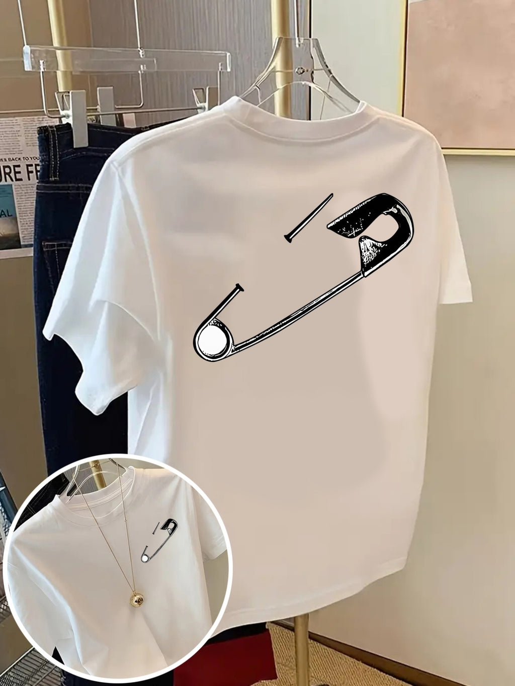 Front and Back Shortsleeve Tshirt Safety Pin, Punk Style Fashion Print Women's Spring and Summer Trendy Print Tshirt, Fashionable and Trendy Item - White