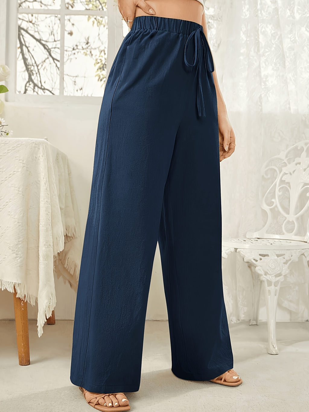 Women'S Elegant High Waist Straight Trousers Fake Drawstring Belt All Season Casual Pants - Blue