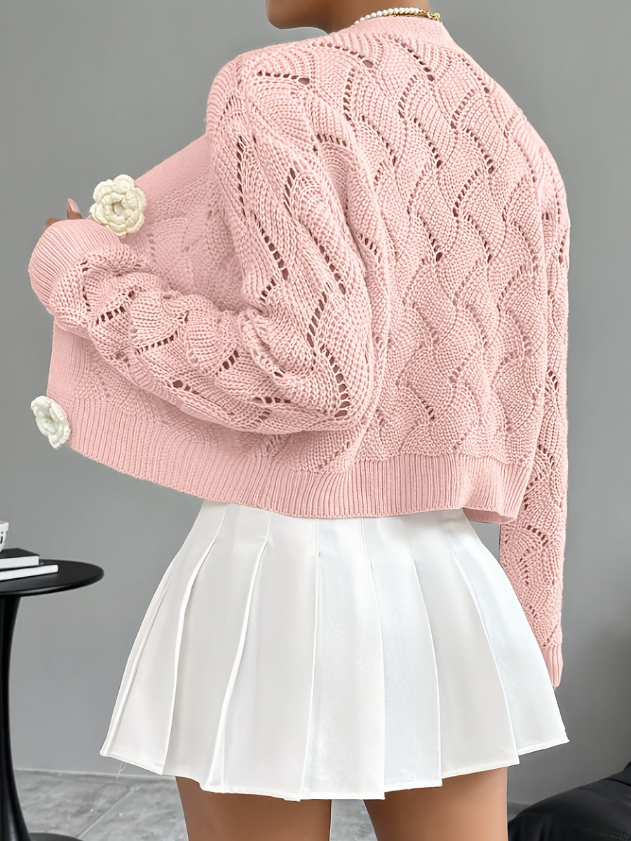 Spring 2026 Spring/Summer Women'S Handcrafted 3D Floral Embellishment Western Fashion Elegant Solid Lace Crochet Cardigan Top Jacket Women'S, Suitable for Daily Wear And Commuting, Spring Outing, All Seasons, Versatile Style - Pink Color