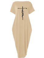 Faith Letter Off-The-Shoulder Pocket Dress Women'S Loose Casual Style Long T-Shirt Dress Features: Off-The-Shoulder Design Is Lazy And Casual, with a Easy And Eye-Catching "Faith" Letter Print on The Front; The Loose Long Style Hides Flaws And Slims - Apricot