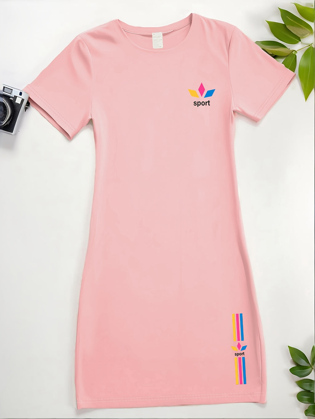 Women's 1pc T-Shirt Dress, Round Neck Short Sleeve Dress with Colorful Striped Print and "SPORT" Lettering, Casual Summer Fashion Dress for Women, Soft, Casual, and Elegant Women's Dress, Knee-Length, the Perfect Choice for Casual Summer Outfits - Pink