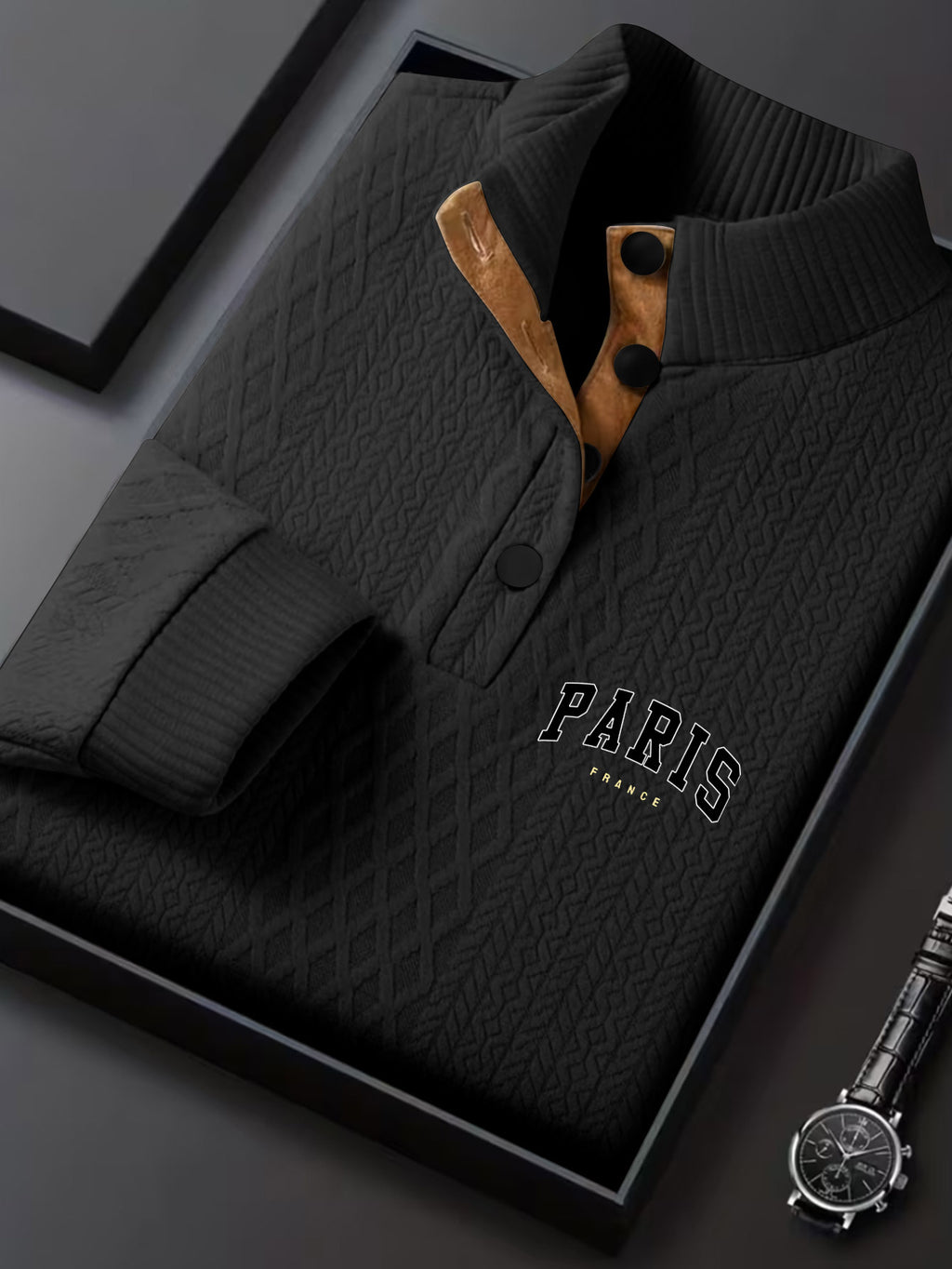 Men's New Jacquard Top with Textured Classic Stand Collar to Enhance Neckline, Half-Button Placket Continuing Vintage Henley Style, Patchwork Design Fashion Knit Shirt - Black