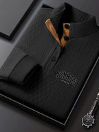 Men's New Jacquard Top with Textured Classic Stand Collar to Enhance Neckline, Half-Button Placket Continuing Vintage Henley Style, Patchwork Design Fashion Knit Shirt - Black